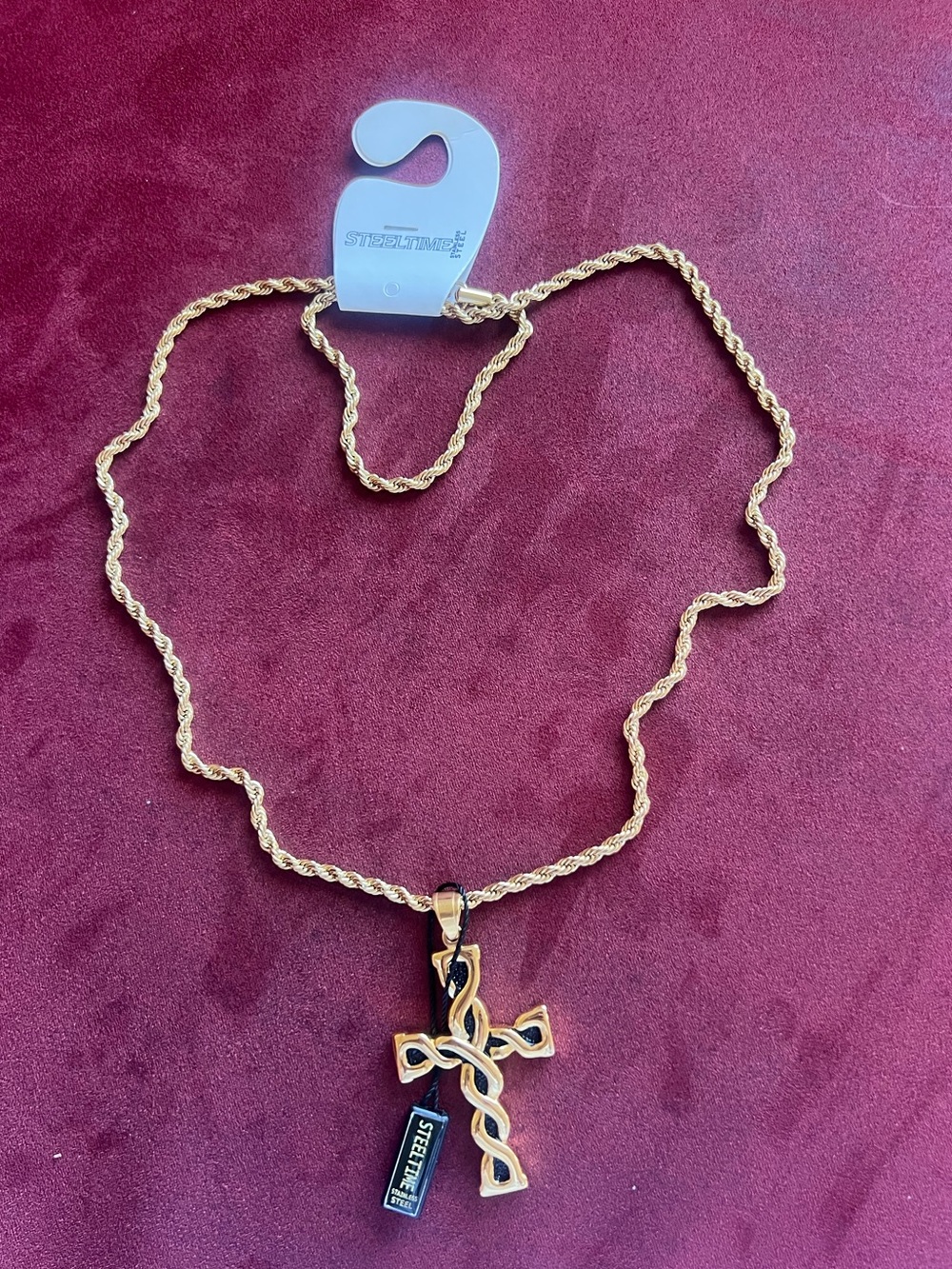 Steeltime 18k Gold Plated Cross w Stainless Steel Chain